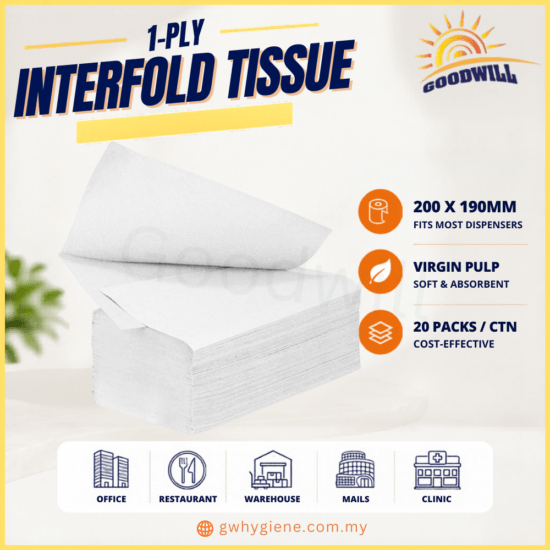 1-Ply Interfold Hand Towel Virgin Pulp 200mm x 190mm for commercial washrooms