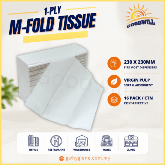 1-Ply M-Fold Tissue Hand Towel Virgin Pulp 230mm x 220mm for commercial washrooms