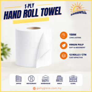 1PLY Hand Roll Towel Virgin Pulp 150M x 12 Rolls per Carton for commercial washrooms