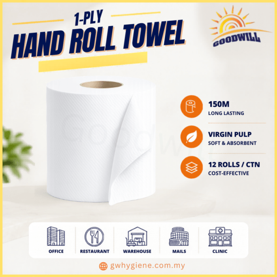 1PLY Hand Roll Towel Virgin Pulp 150M x 12 Rolls per Carton for commercial washrooms