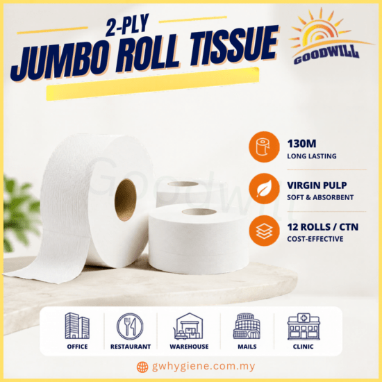 2-Ply Jumbo Tissue Roll 130M Virgin Pulp – 12 Rolls Per Carton